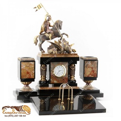 Элитный настольный набор из камня и бронзы с часами "Святой Георгий" дл.35см