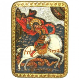 Подарочная аналойная икона "Чудо Святого Георгия о змие" на мореном дубе