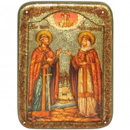 Подарочная аналойная икона "Петр и Февронья" на мореном дубе