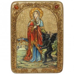 Подарочная аналойная икона "Святая Великомученица Марина (Маргарита) Антиохийская" на мореном дубе