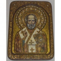Живописная икона "Святитель Николай, архиепископ Мир Ликийский (Мирликийский) - Чудотворец" на сакральном кипарисе